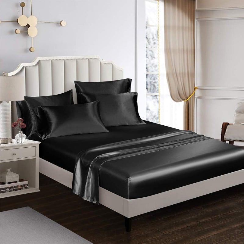AiMay 6 Piece Satin Bedding Sheet Set King Black Deep Pocket 1800 Series Luxury Rich Silk Silky Super Soft Solid Color 4 Pillowcases Reversible Sexy Honeymoon Wrinkle Free (King, Black) - Image 4
